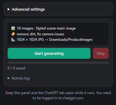 Extension panel: summary and Start generating button