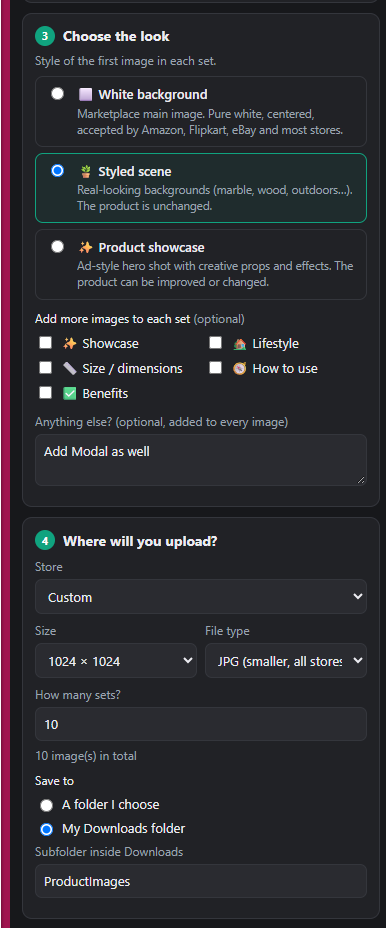 Extension panel: choose the look, extra images, store, size and output folder