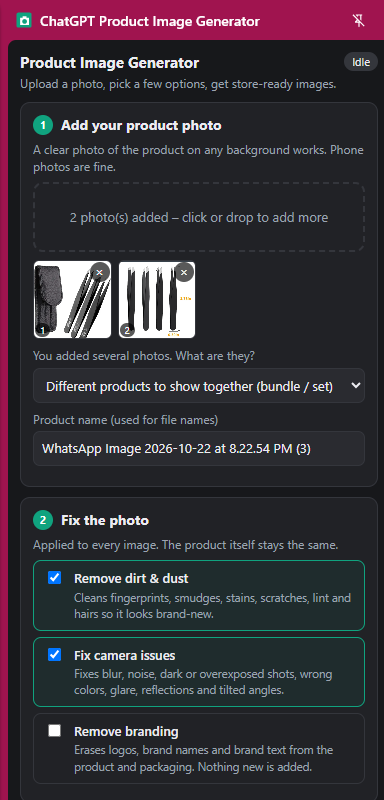 ChatGPT Product Image Generator side panel